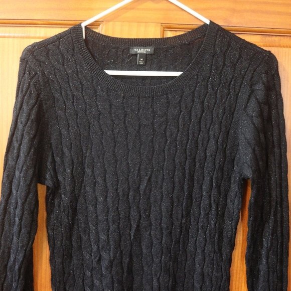 Talbots Black Metallic Sparkly Cable Knit Sweater Rayon Medium - Picture 2 of 11